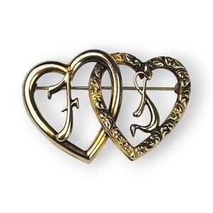 Vintage Sweetheart Brooch F S Initial Entwined Hearts Gold Plated 1940s 1.5"